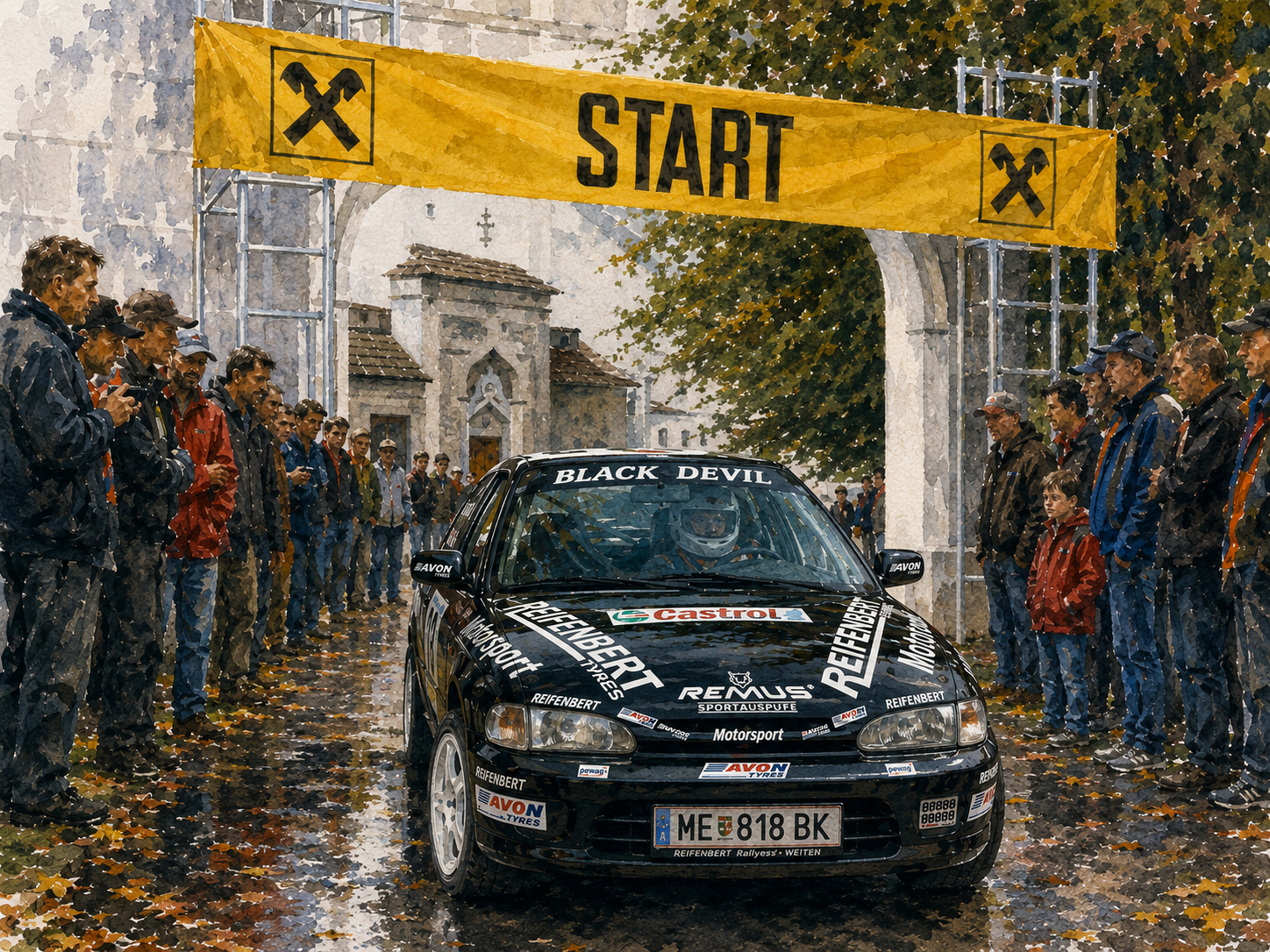 Künstlerische Darstellung des Rallyeteams Black Devil am Start der Herbstrallye Leiben 2004