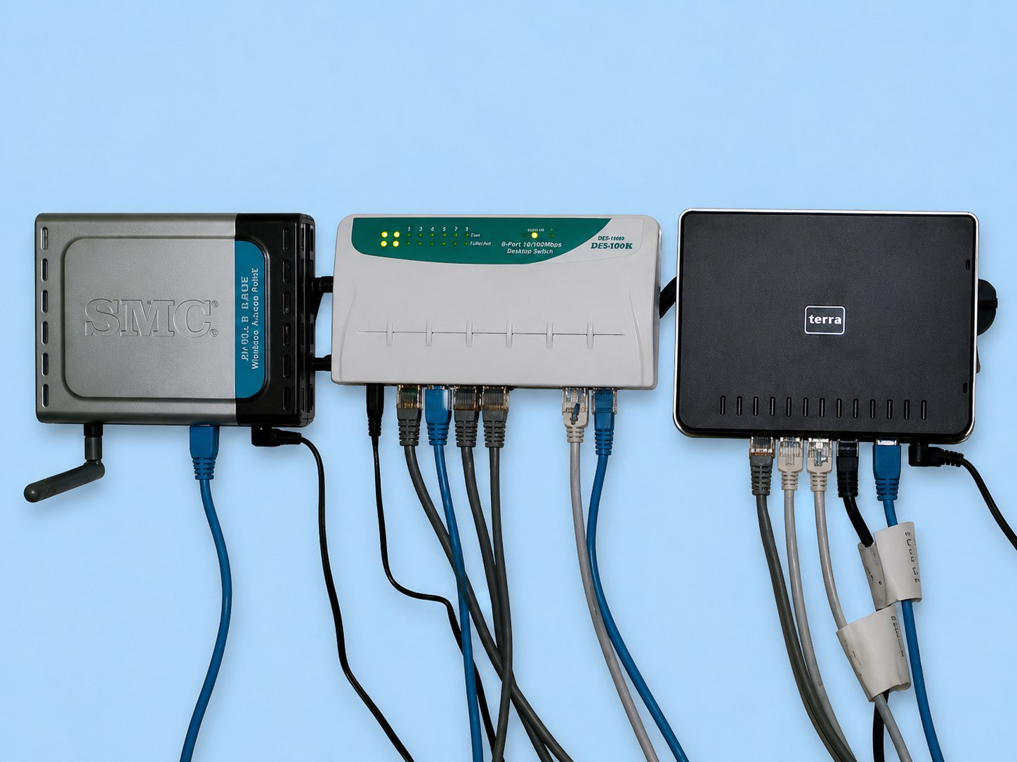 LAN- und WLAN-Geräte mit Router, Ethernet-Switch und Netzwerkverteiler